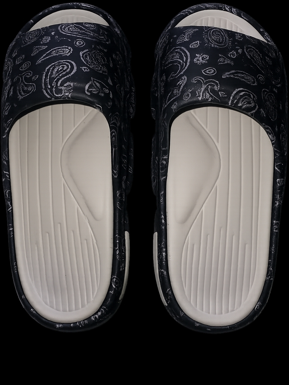Black Paisley Slide Sandals with Cream Footbed